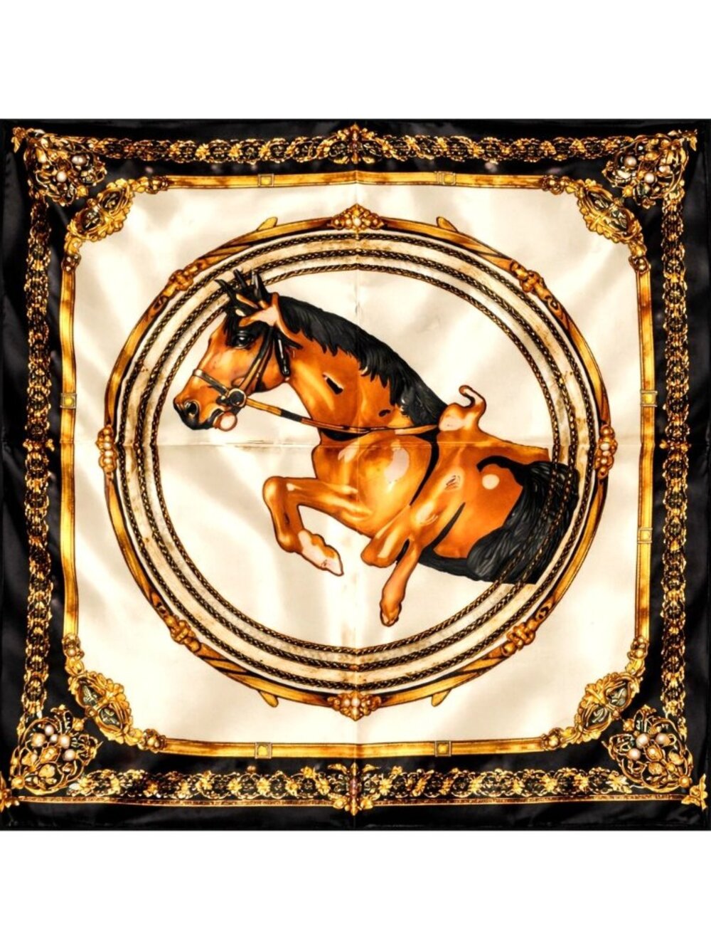 Navy Gold Horse Equestrian Satin Square Scarf 20x20 Hair Neck Head Wrap